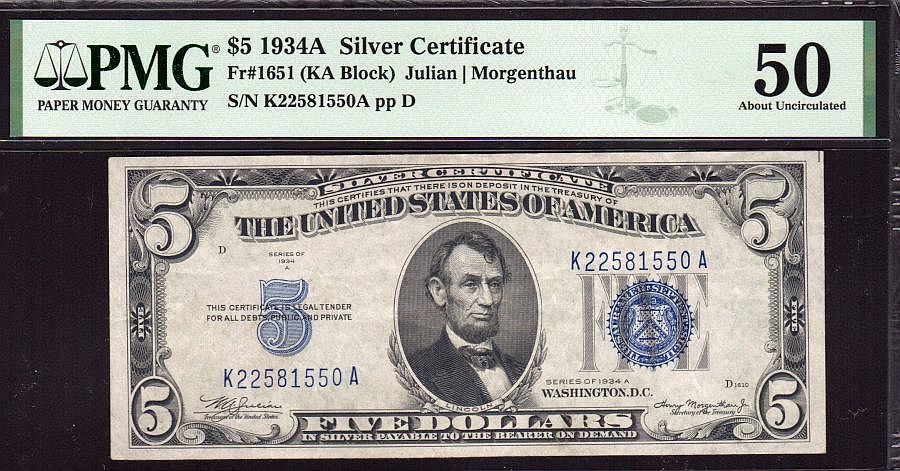 Fr.1651, 1934A $5 Silver Certificate, K-A Block, AU, PMG-50